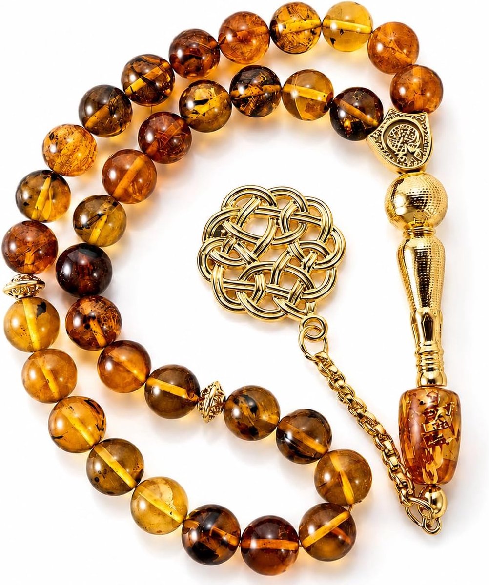 33 parels Tasbih van natuurlijke barnsteen, Misbaha Tesbih islamitische gebedsketting voor mannen, met certificaat en geschenkdoos, Ramadan Eid Hajj cadeau