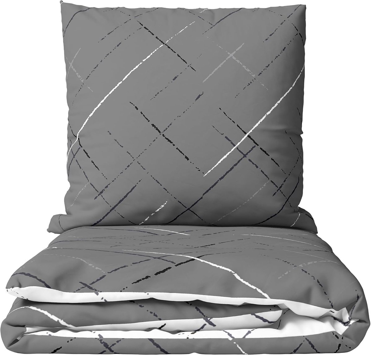 Vicenti Beddengoedset, 200 x 200 cm, katoen, 4-seizoenen, gestreept, grijs, omkeerbaar beddengoed met ritssluiting, kussensloop 80 x 80 cm, ademend