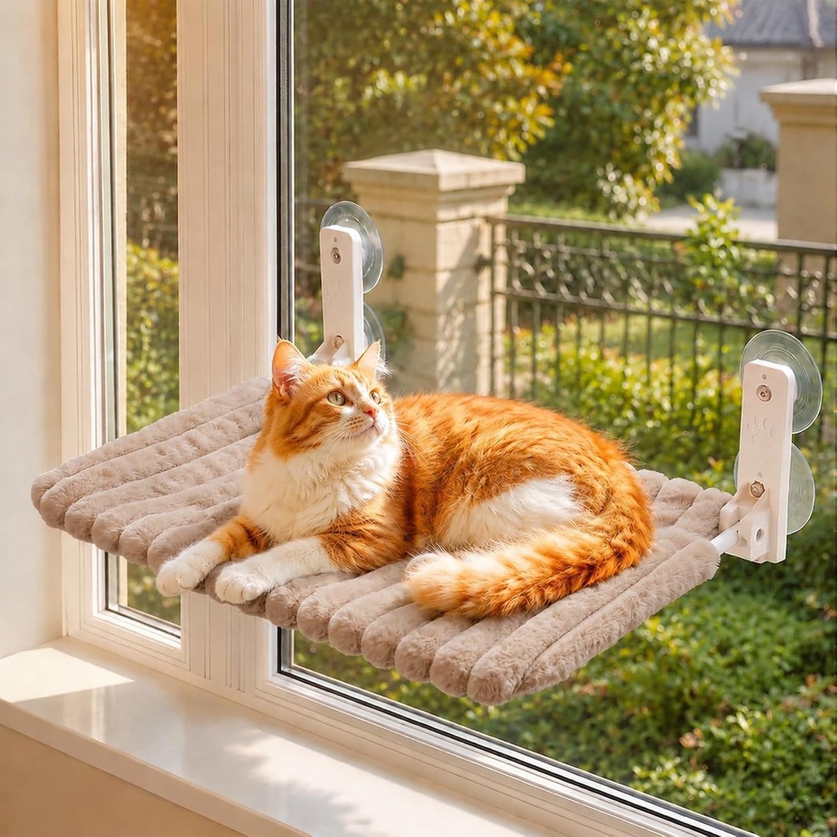 kattenraamhangmat, opvouwbaar, zitstang, zuignappen, vensterbankkussen, raamligplaats met afneembare en omkeerbare overtrek voor gladde oppervlakken, houdt tot 18 kg (kaki)