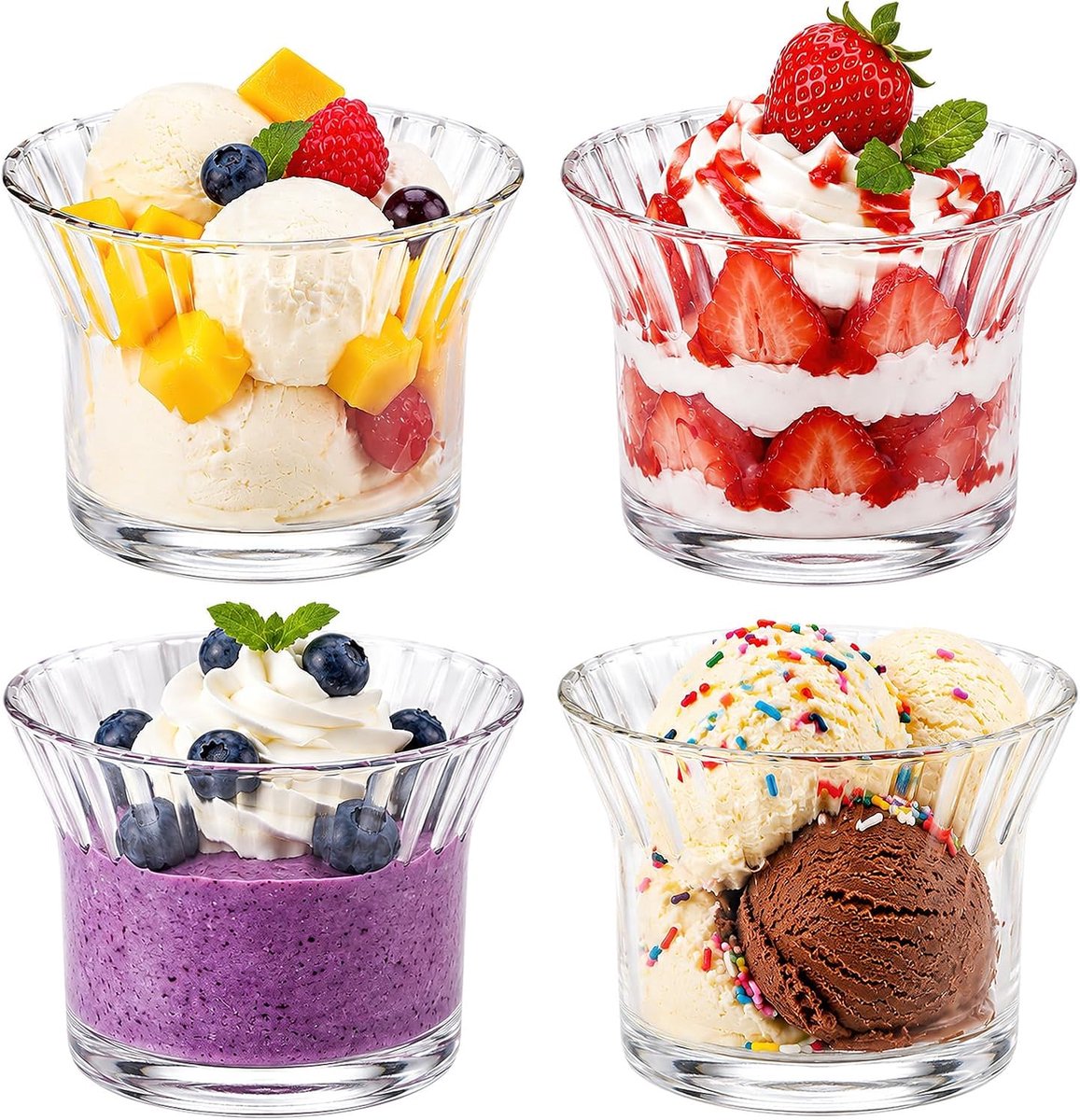 ijsschalen, set van glas, glazen met voet voor het elegante serveren van ijs, ijsschaal, dessertglazen, dompelkom voor dessertkopjes (verticale strepen)