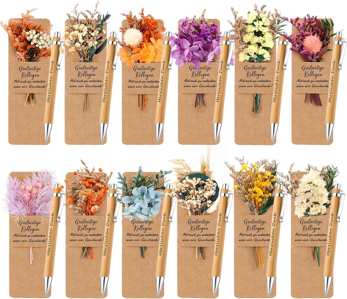 12 sets bedanken collega's geschenken - 12 houten balpennen | Met gravure, echt droogbloemenboeket, bedankt bladwijzer voor leraar, opvoeder, collega, vriend, afscheidscadeau
