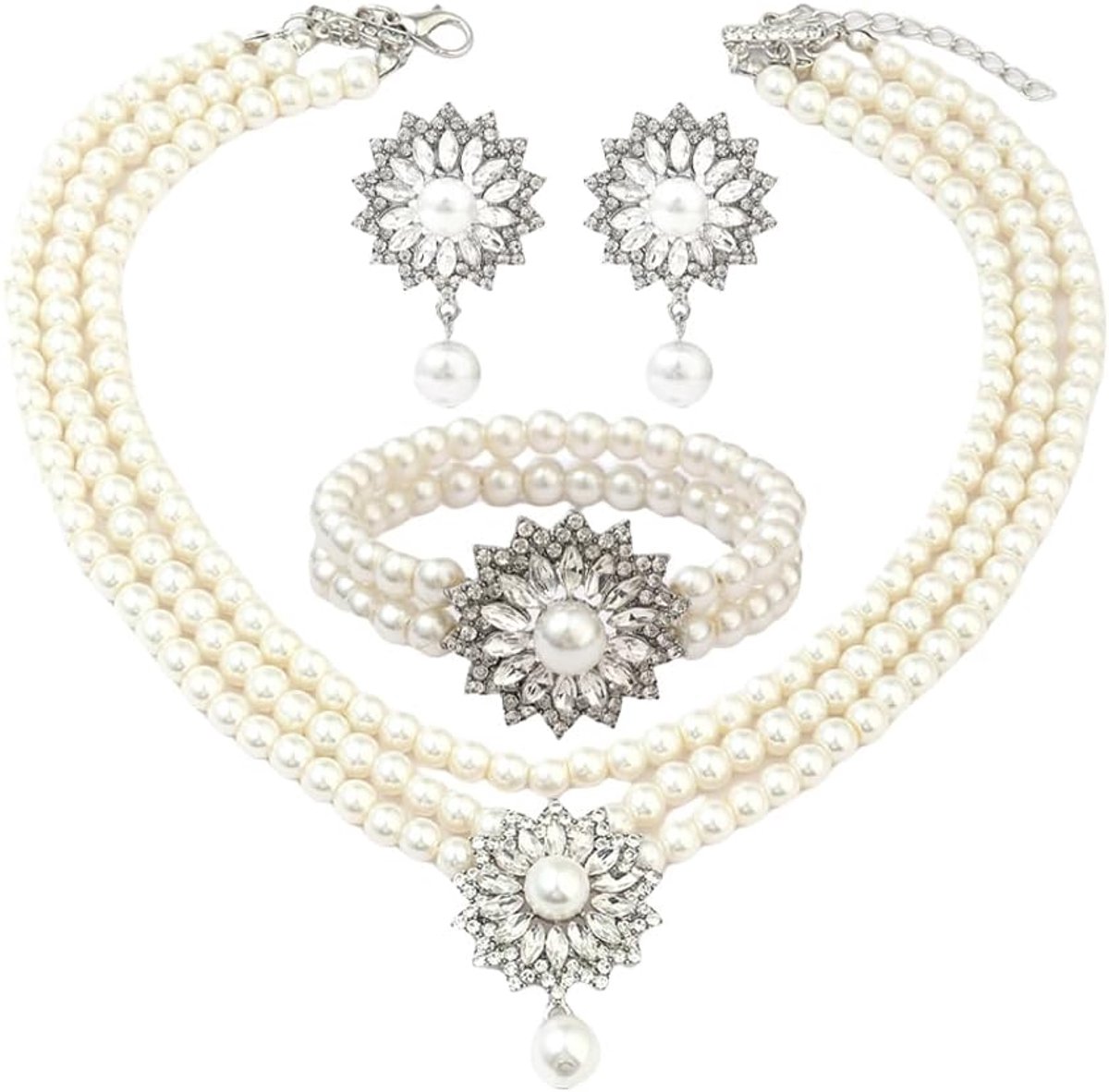 3 Stuks Sieradenset Dames Bloemvorm Ketting Armband Oorbellen Set Bruidssieraden Feest Sieraden Bruiloft Accessoires Elegante Halsketting Oorstekers Polsband Voor Vrouwen