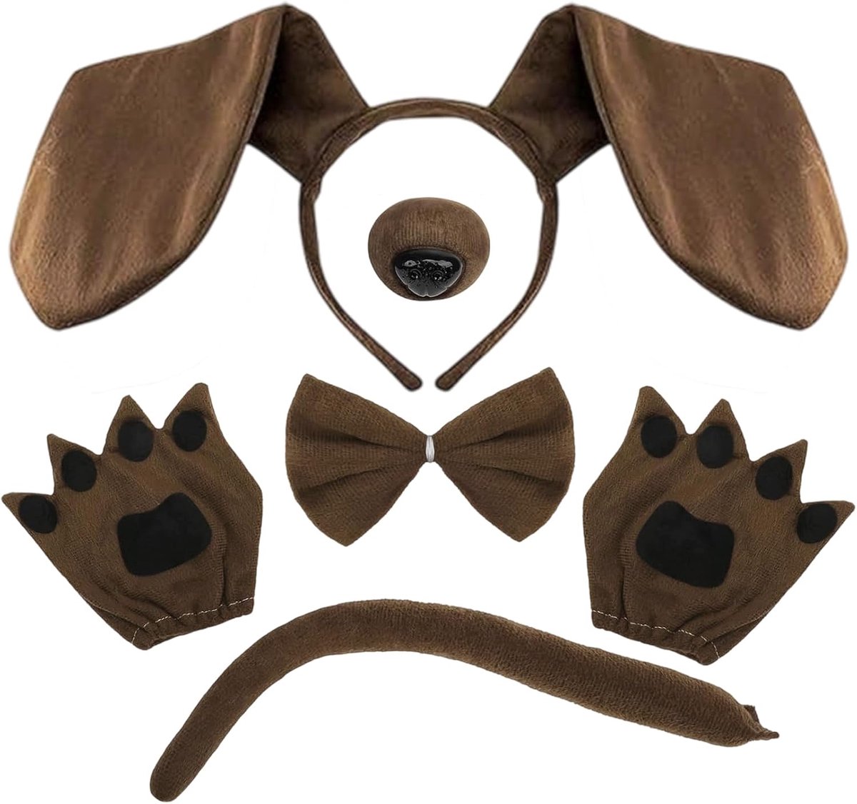 5-delige set teckel kostuums, bestaande uit puppyoren, valse neus, vlinderdas, valse staart, vingerloze handschoenen, voor Halloween, cosplay, party, verjaardag, carnaval, feest, Kerstmis