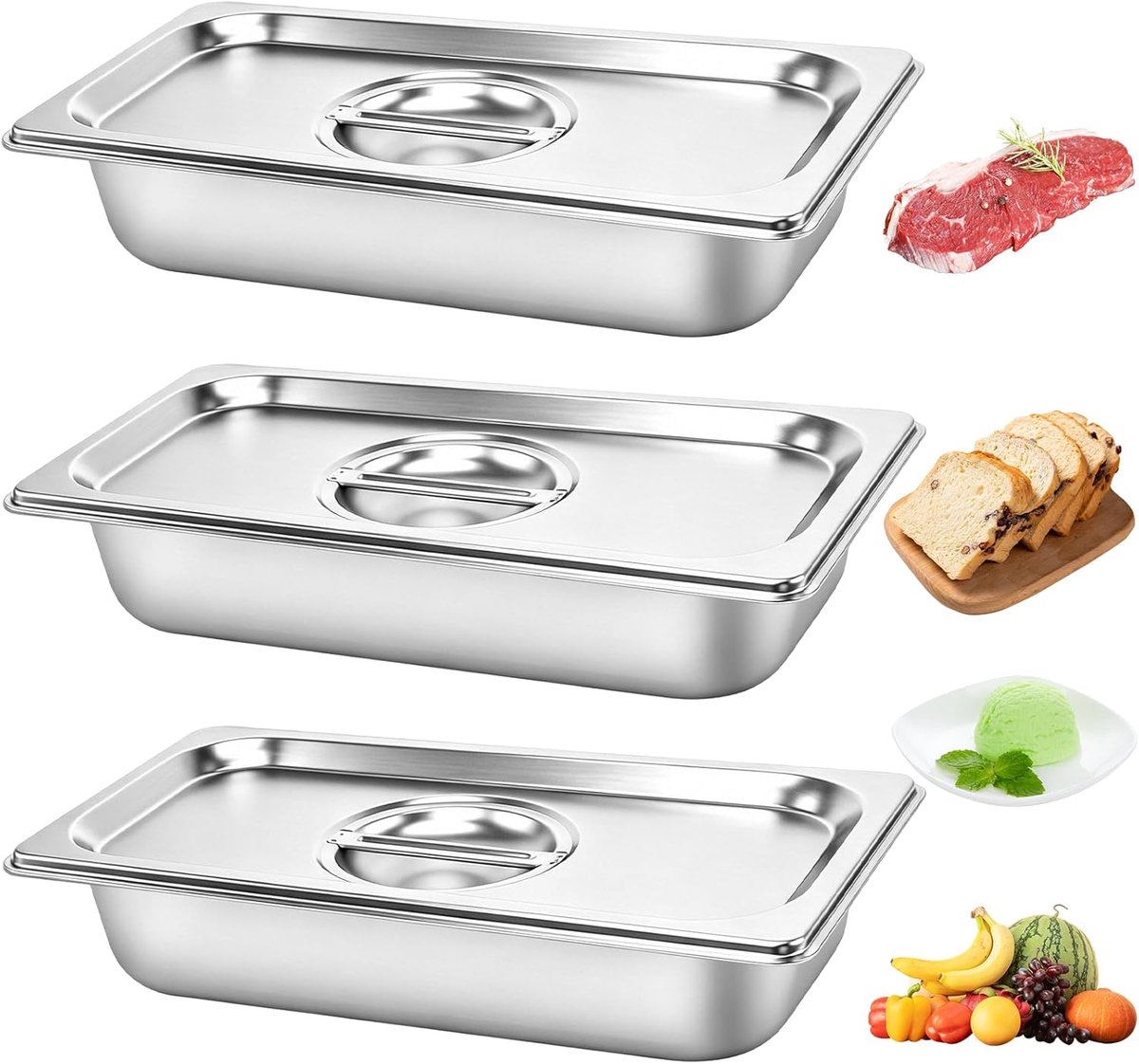 3 Pack Gastronorm Pan 1/3 met Deksel, 325 x 175 x 65 mm RVS Voedselcontainers, GN Voedselpannen voor Bain Marie & Stoomtafels, Restaurant Buffet Party Trays 65mm Diepe Tafel Pan Organizer
