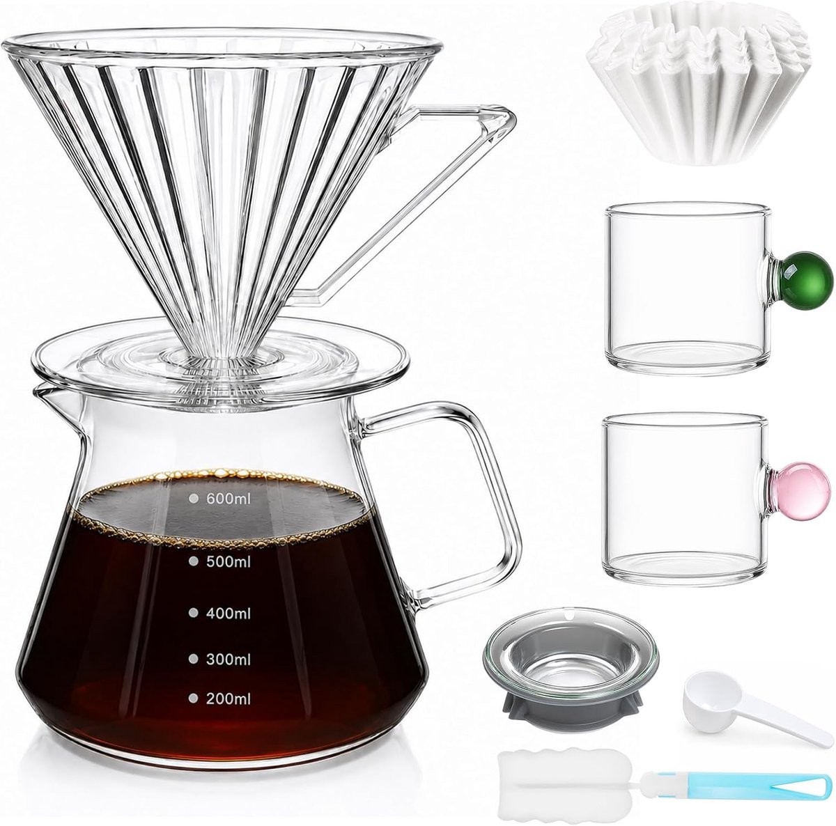Koffiezetapparaat, 600ml glazen koffiepot met deksel,filterbeker, 50 papieren filters, glazen koffiefles voor thuis kampere, Lepel, koffiekopje， koffiezetapparaat 2-4 kopjes