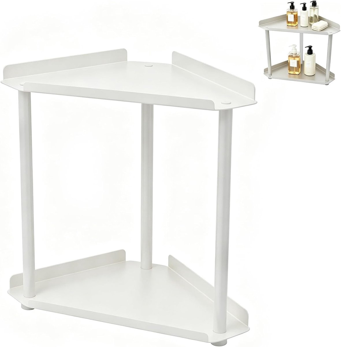 Hoekrek met 2 etages voor badkamer, staand rek, hoekorganizer, roestvrij staal, staand klein keukenrek, organizer voor huidverzorging, cosmetica, parfum (wit)