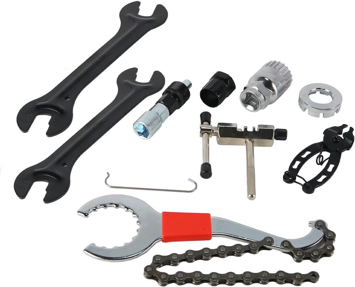 7-delige set, professionele fietsonderhoudsgereedschappen inclusief 3-in-1 cassetteverwijderaar, kettingbreker, cranktrekker, naafkegel en spaaksleutel (22 x 12,6 x 5 cm)