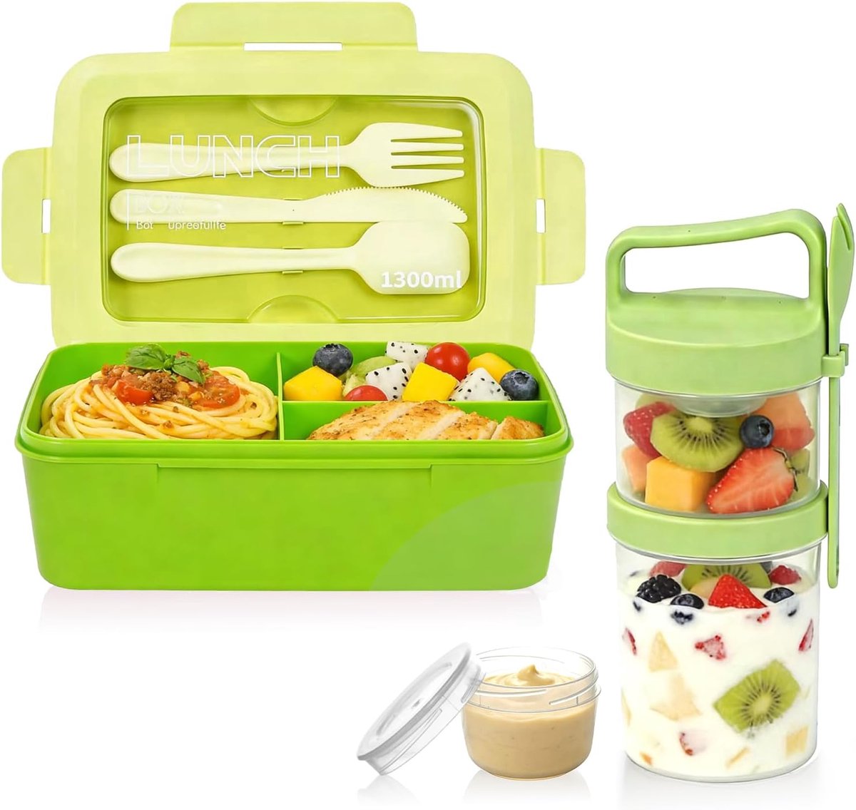 Lunchbox voor volwassenen, lekvrije broodtrommel met vakken en bestek, ontbijtbox, mueslibeker to go, bento box, magnetronbestendig, 1300 ml, broodtrommel voor werk, school, picknick (groen)