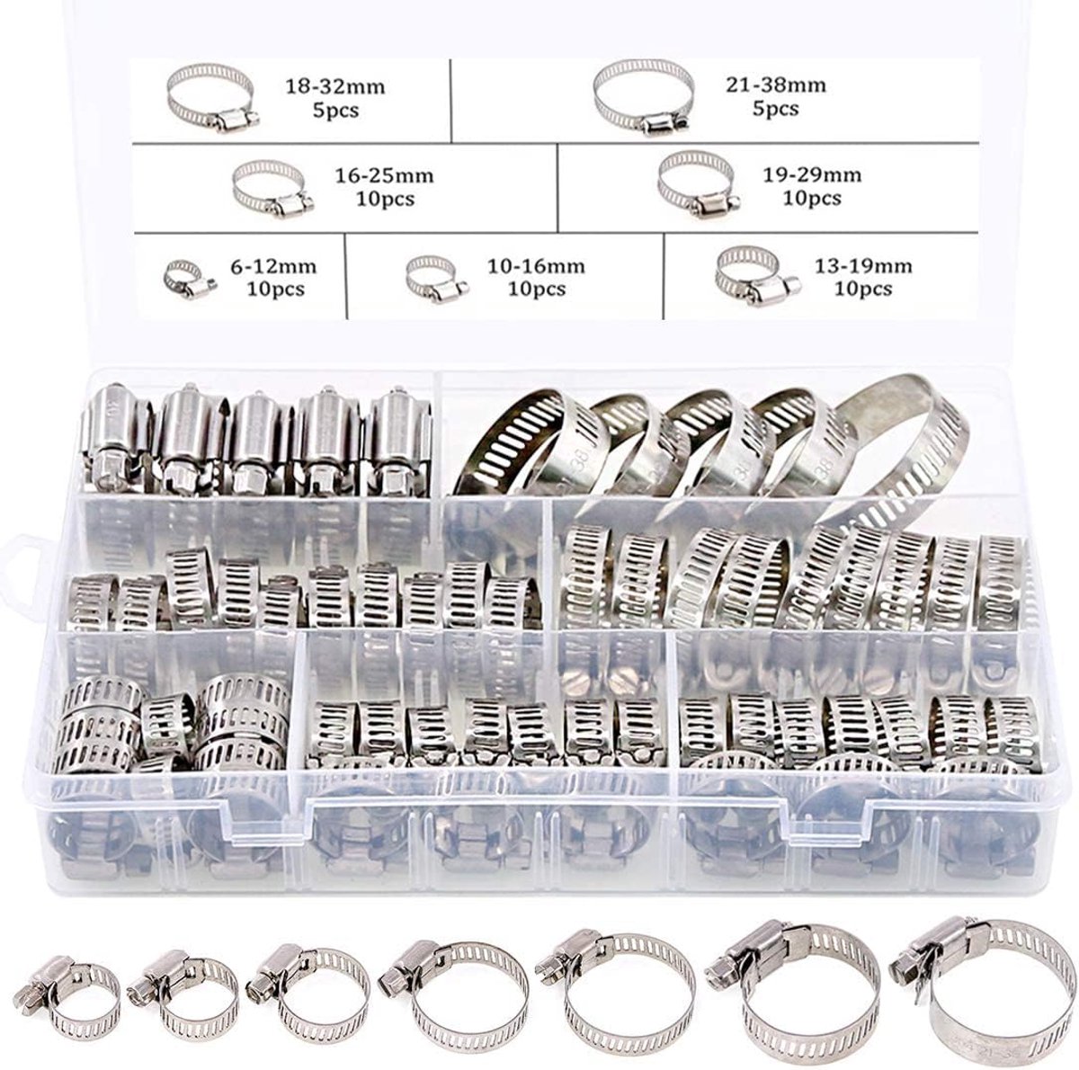 Set van 60 slangklemmen 6-38 mm, binnen en buiten volledig van 304 roestvrij staal, sterke roestbescherming, bandbreedte 8-12 mm, 7 maten, opslag in