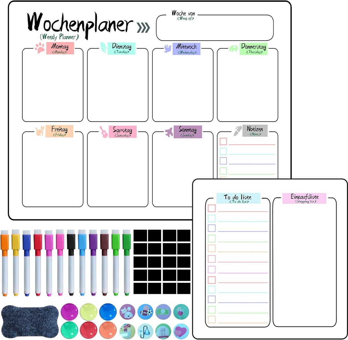 weekplanner, magnetisch, afwasbaar, 42 x 30 cm, kan als voedselplanner, week, to-do-lijst, huishoudplanner, boodschappenlijst, kinderweekplanner, afwasbaar voor koelkast, 2 stuks