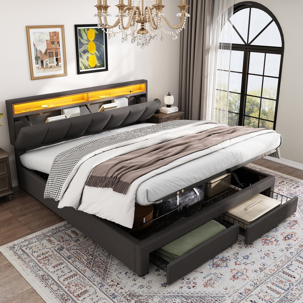 Gestoffeerd Bed 160x200 met LED Hoofdbord – Grijs Linnen Tweepersoonsbed met Opbergruimte – Luxe Bedframe met Lattenbodem