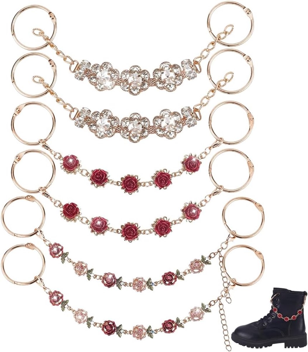 6 Stks Bling Schoen Charms 3 Stijlen Gouden Rose Schoen Kettingen 8.65"/22.5 cm 25 cm Voor Sandalen Cavernous Schoenen Sneakers Laarzen Decoratie DIY Accessoires