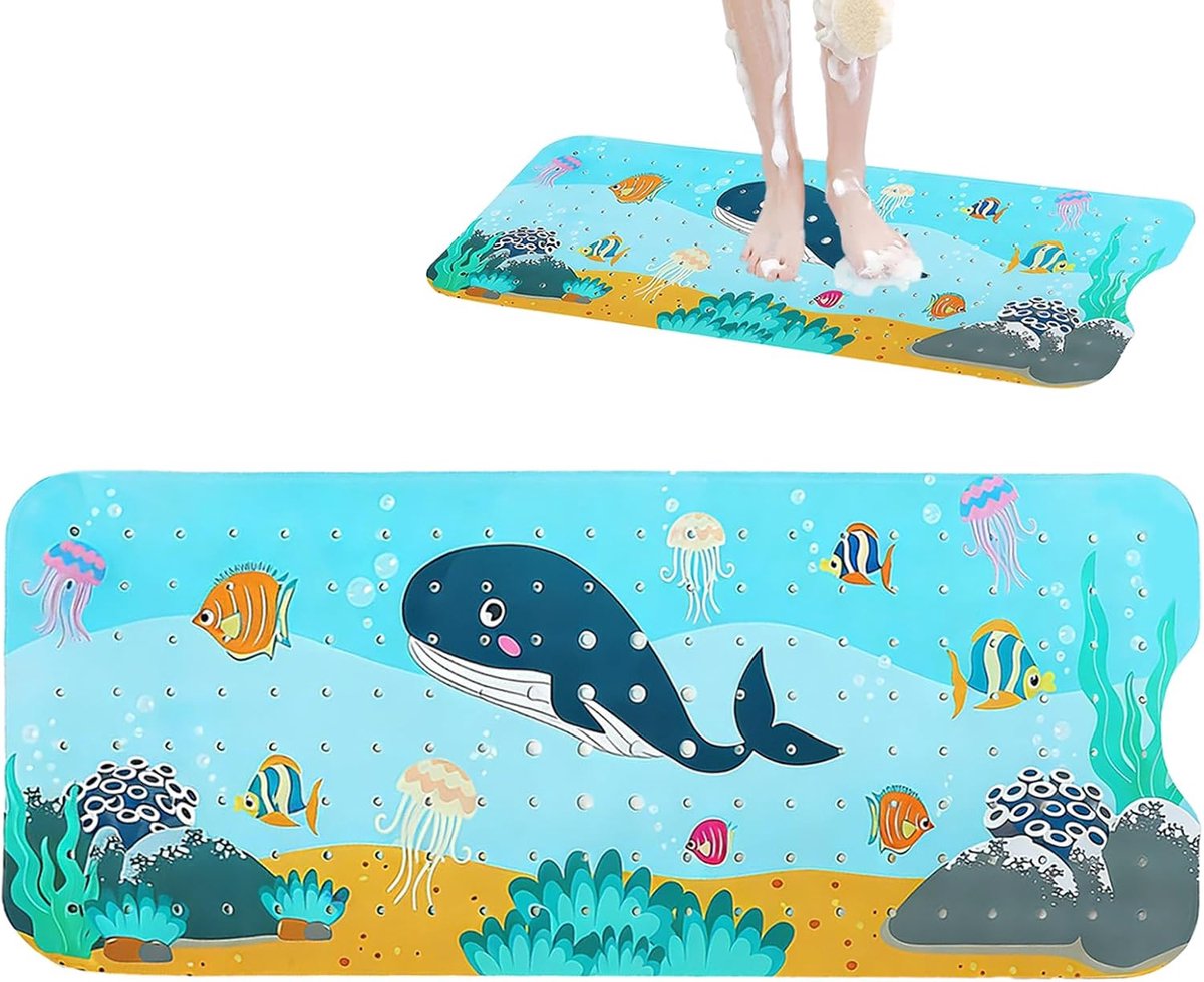 antislip, 40 x 100 cm Antislipmat douche, Bedrukte doucheinleg voor badkuip, doucheinleg met afvoergaten en zuignappen, voor douche of badkuip (zwarte walvis motief)