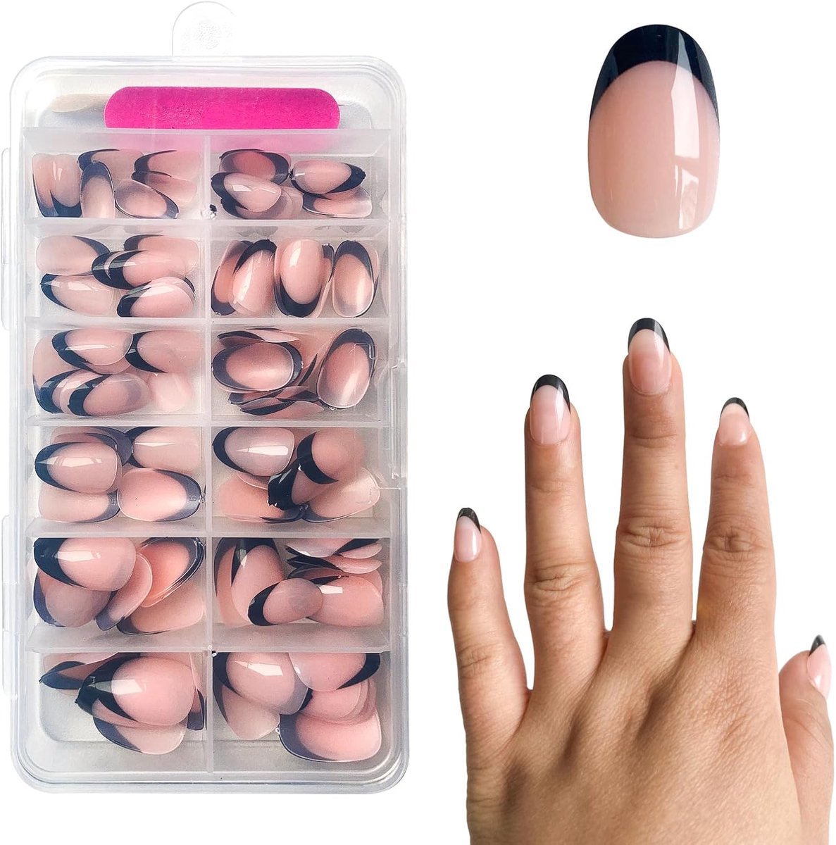nagels, 120 stuks, korte amandelnagels, Franse imitatie, X-Coat-tips met vooraf aangebrachte doe-het-zelf nagelkunst (diepe korte ronde boog)