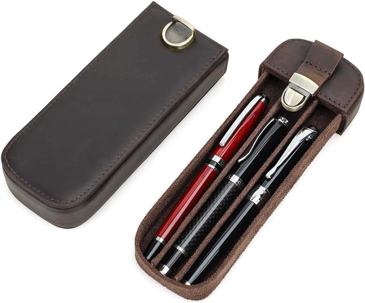 Echt Leren Pennetui, Vintage Houder voor 3 Pennen, Beschermende Reishoes voor Pen, Oud-Stijl Elegant Bureauaccessoire, Organisatordoos voor Potloden