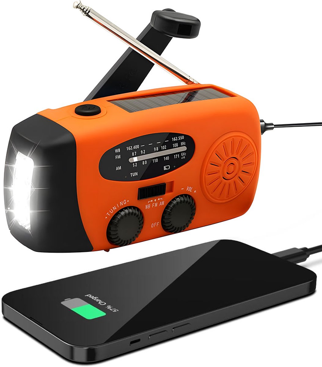 Draagbare Noodradio - Wind-Up Solar Radio - Noodradio - Opwindbare Survivalradio - Solar Powerbank - voor Outdoor, Caravan, Festival en Stroomuitval - Oranje