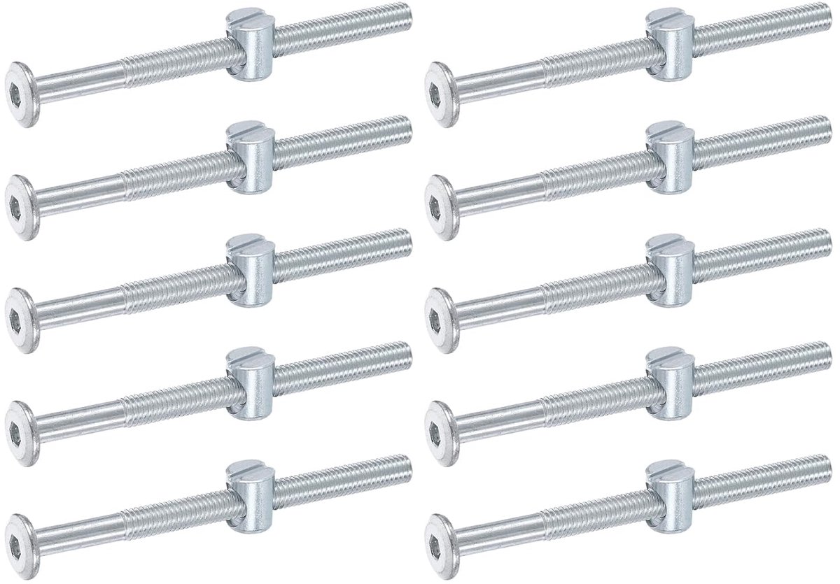 10 stuks bedframeschroeven, M6 x 80 mm, binnenzeskantschroeven, fittingsmoeren, stapelbedschroeven, meubelschroeven met sleufkop-fitting, voor stoelen, kinderbedden, zilver