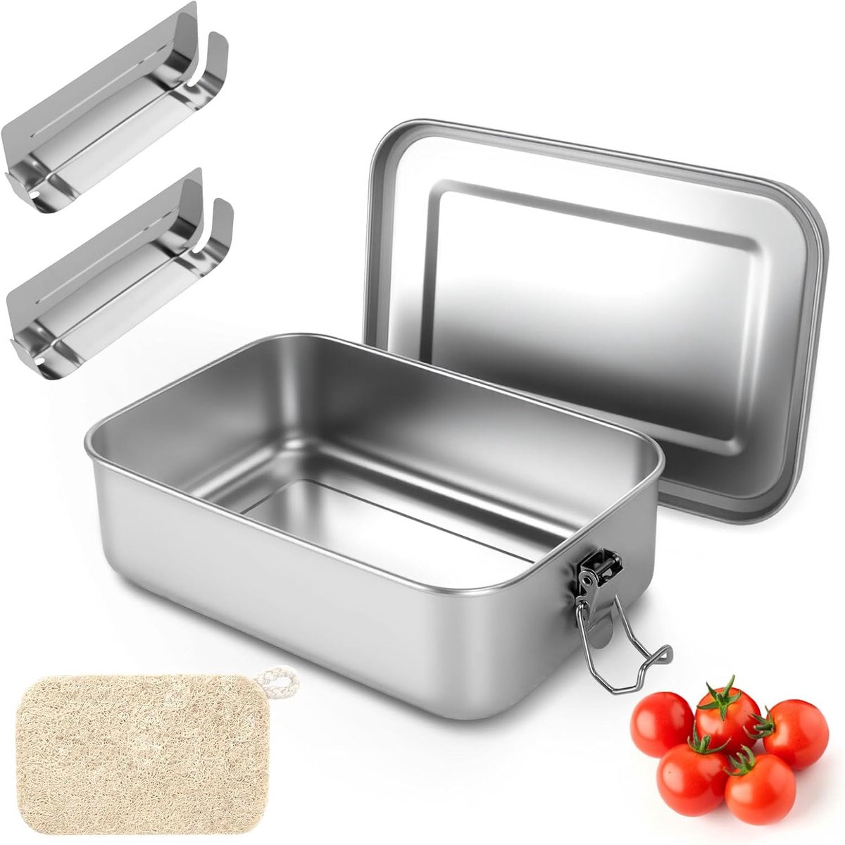 Lunchbox, Roestvrijstalen Lunchbox, 1400 ml Lunchbox, Met 2 Verwijderbare Verdelingen en een Spons Borsteltje, Voor Kinderen en Volwassenen, Voor Kantoor, Reizen, Kamperen