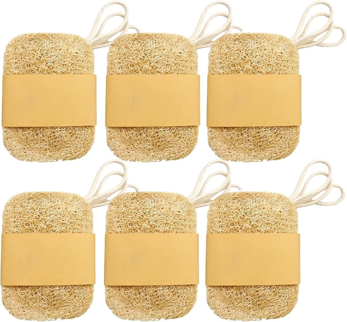 Set van 6 natuurlijke loofa-sponzen, dubbellaags, vierkant, ideaal voor zeepsponzen, douchespons, badkamer, keuken, werkblad (7 × 10 cm)