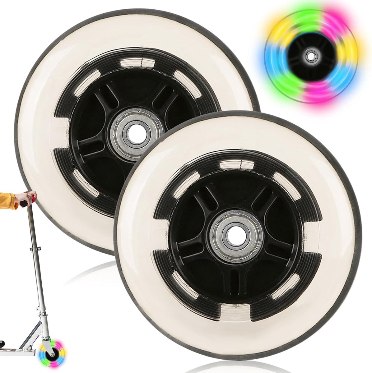 2 x 100 mm lichtgevende reservewielen met kogelroller, PU, compatibel met stuntstep en kickscooter