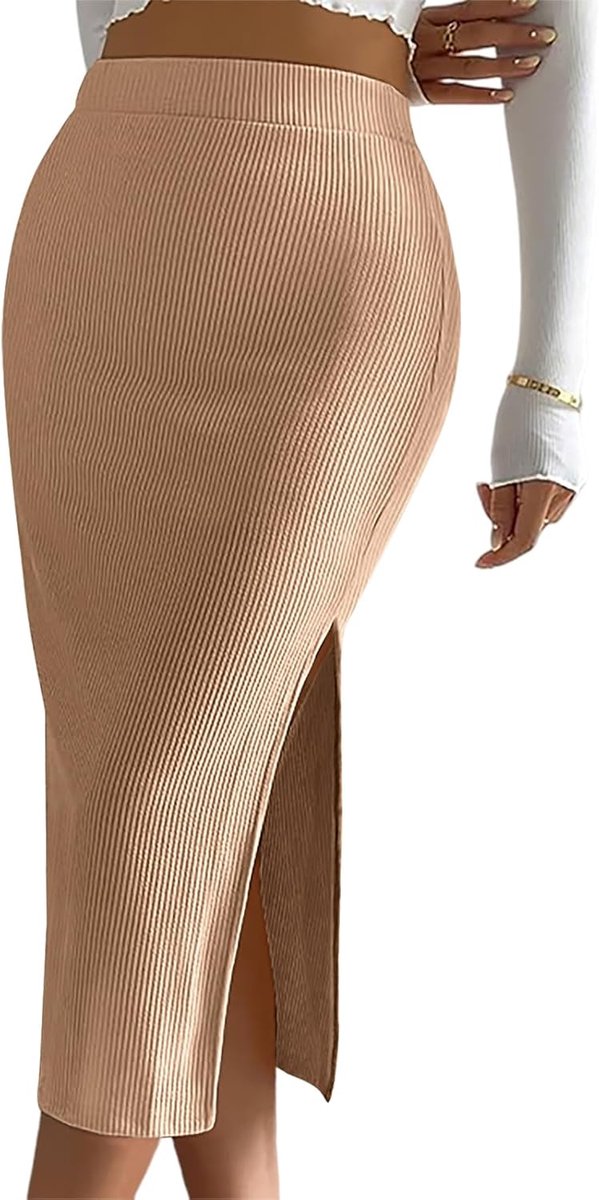 Dames Hoge Taille Elastische Ribgebreide Midi Eendelige Jurk Gesplitste Zoom Midi Casual Kokerrok Lang