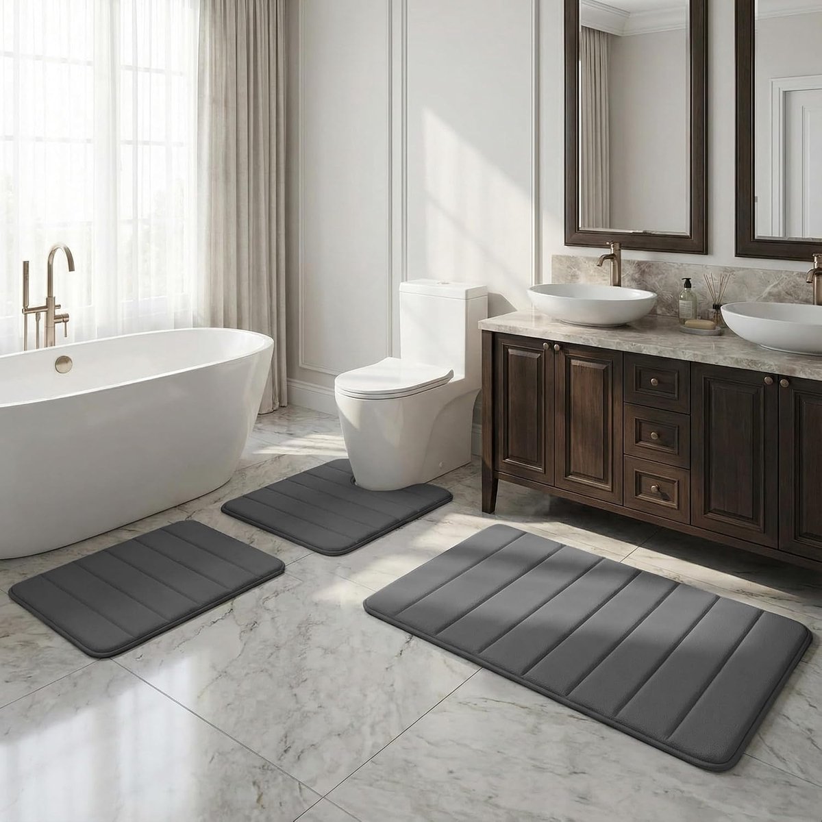 3-delige antislip badmatset, microvezel pluche badkamermat, inclusief U-vormig contourtoilettapijt, antislip accessoiresontwerp, geschikt voor badkamer, bad en doucheruimte (donkergrijs)