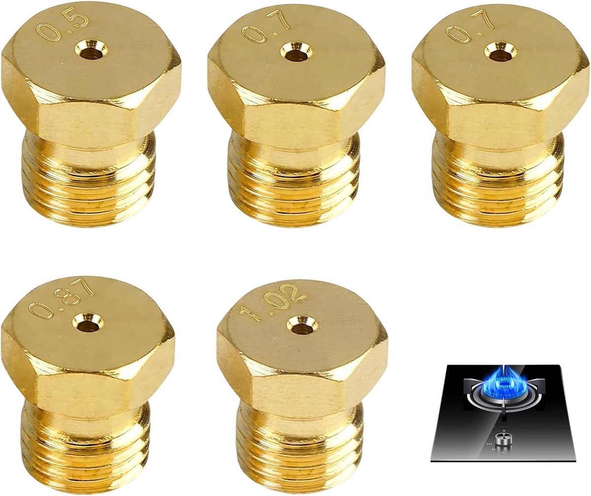 Gasmondstukken voor gasbarbecue, 5 stuks messing gasstraalsproeiers, brandersproeiers, gaskookplaat, reservemondstuk, gasmondstuk, LPG-propaanbrander, gassproeiers voor propaanbrander, gasfornuis (0,5