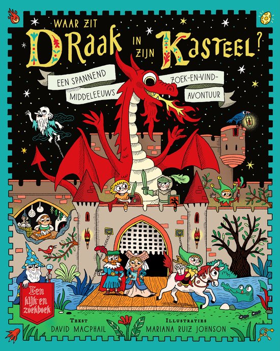 Illustratie van een kinderboek 'Waar zit Draak in zijn kasteel?'. Een rode draak zit op een kasteel. Kinderen spelen in en rond het kasteel.