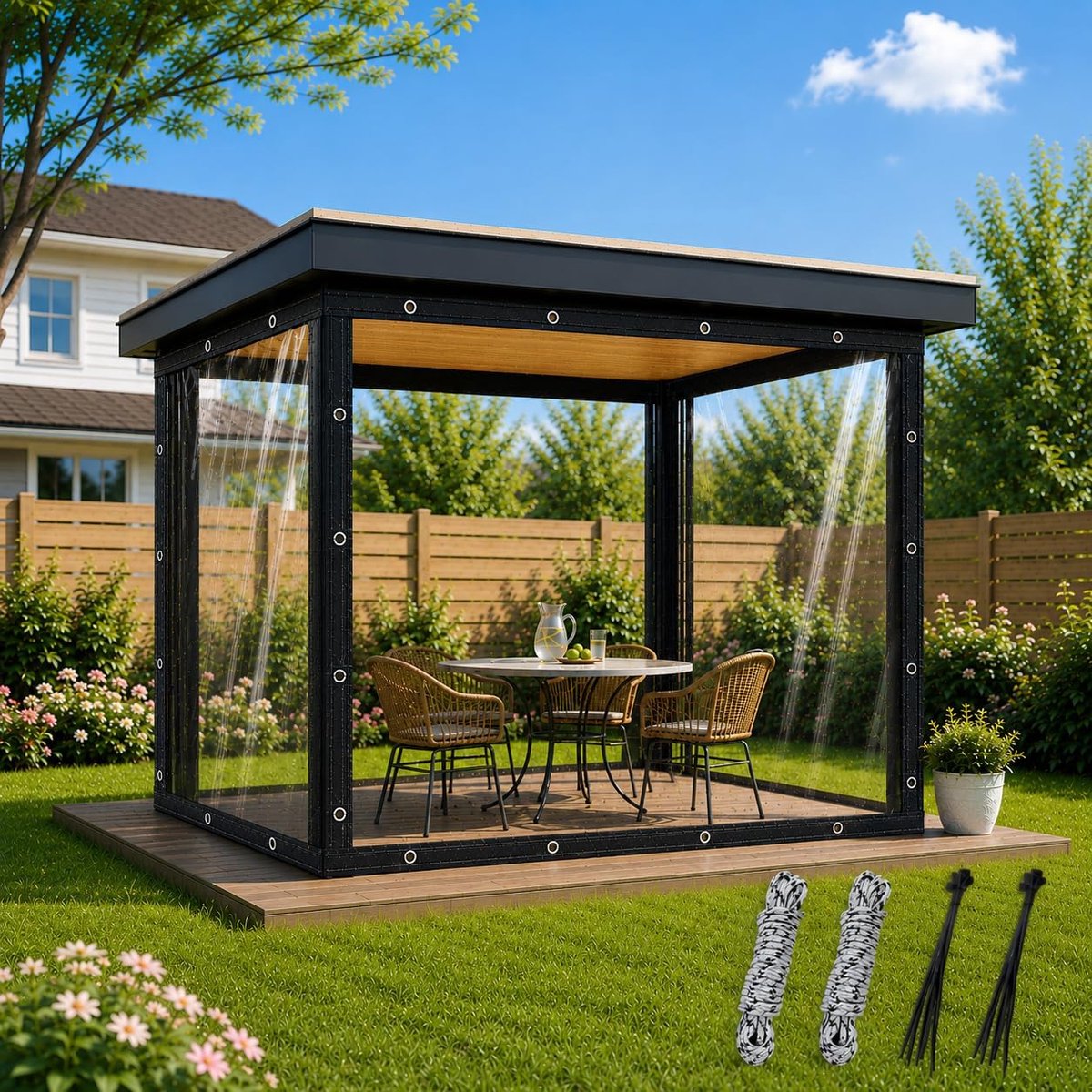 afdekzeil voor buiten, 3 x 4 m, pvc, 420 g/m², transparant dekzeil met 20 kabelbinders, 10 m touw, waterdicht transparant dekzeil met oogjes, pvc-zeil voor terras, tuin, kas