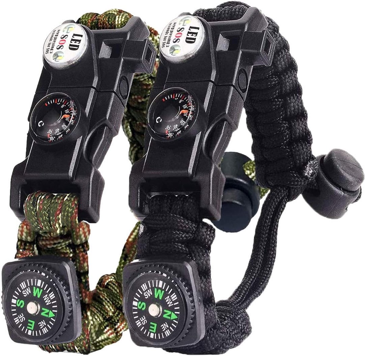Paracord-survivalarmband voor dames en heren, survivalarmband met vuursteen en kompas (zwart en legergroen)
