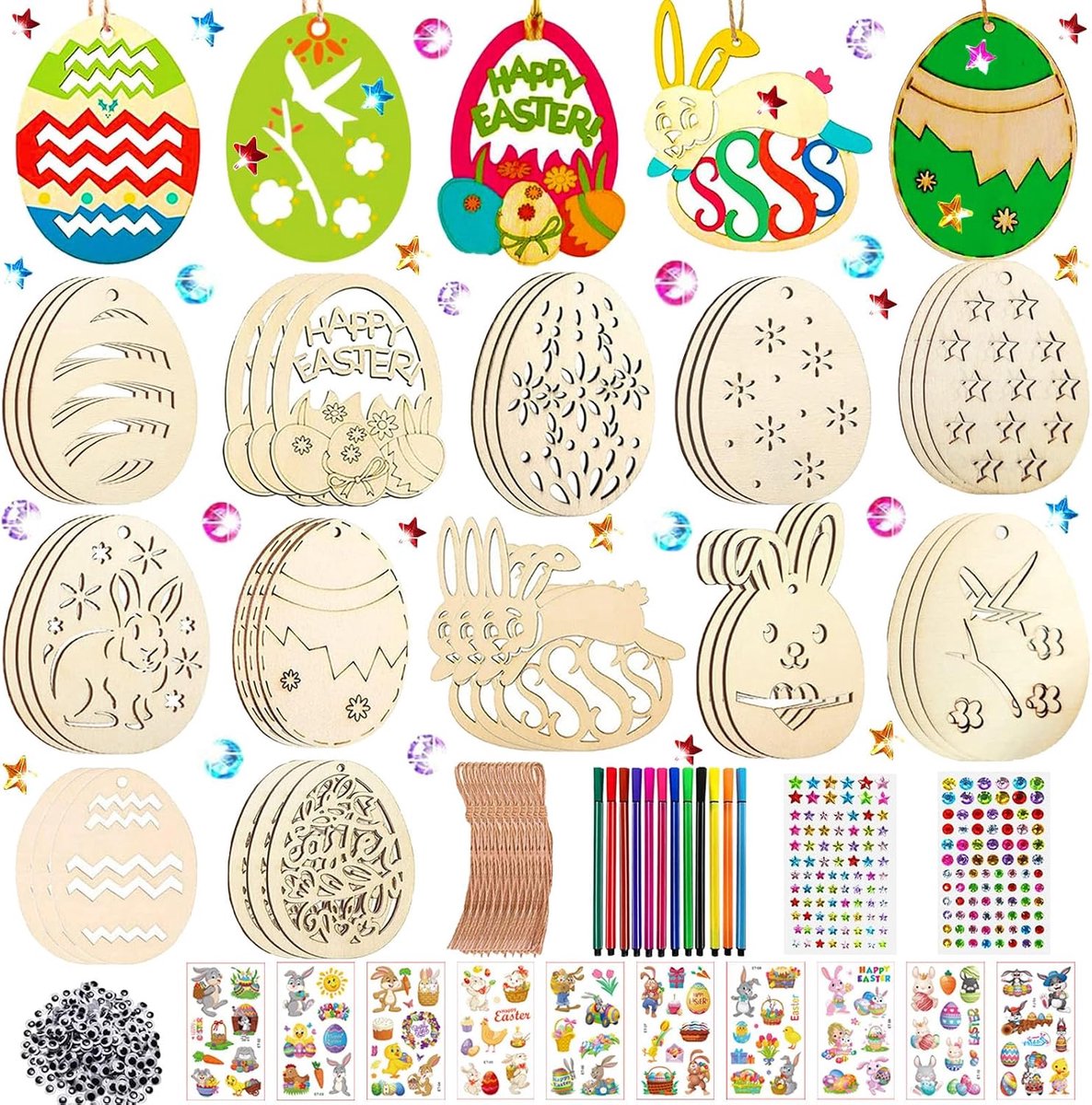 324 stuks knutselset voor Pasen voor kinderen, houten paashangers om te beschilderen, paashangers hout, Pasen knutselen kinderen, Pasen hout beschilderen, met waterverfstift, strass, oog, touw