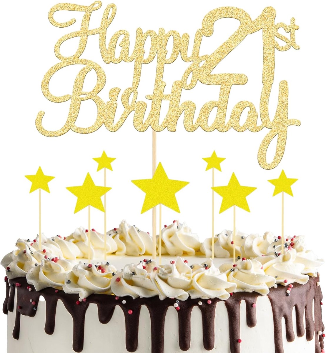 8 stuks gouden gelukkige 21e verjaardag taart topper set - 1 hoofdtopper en 7 sterren cupcake toppers, glitter voor verjaardag feestbenodigdheden