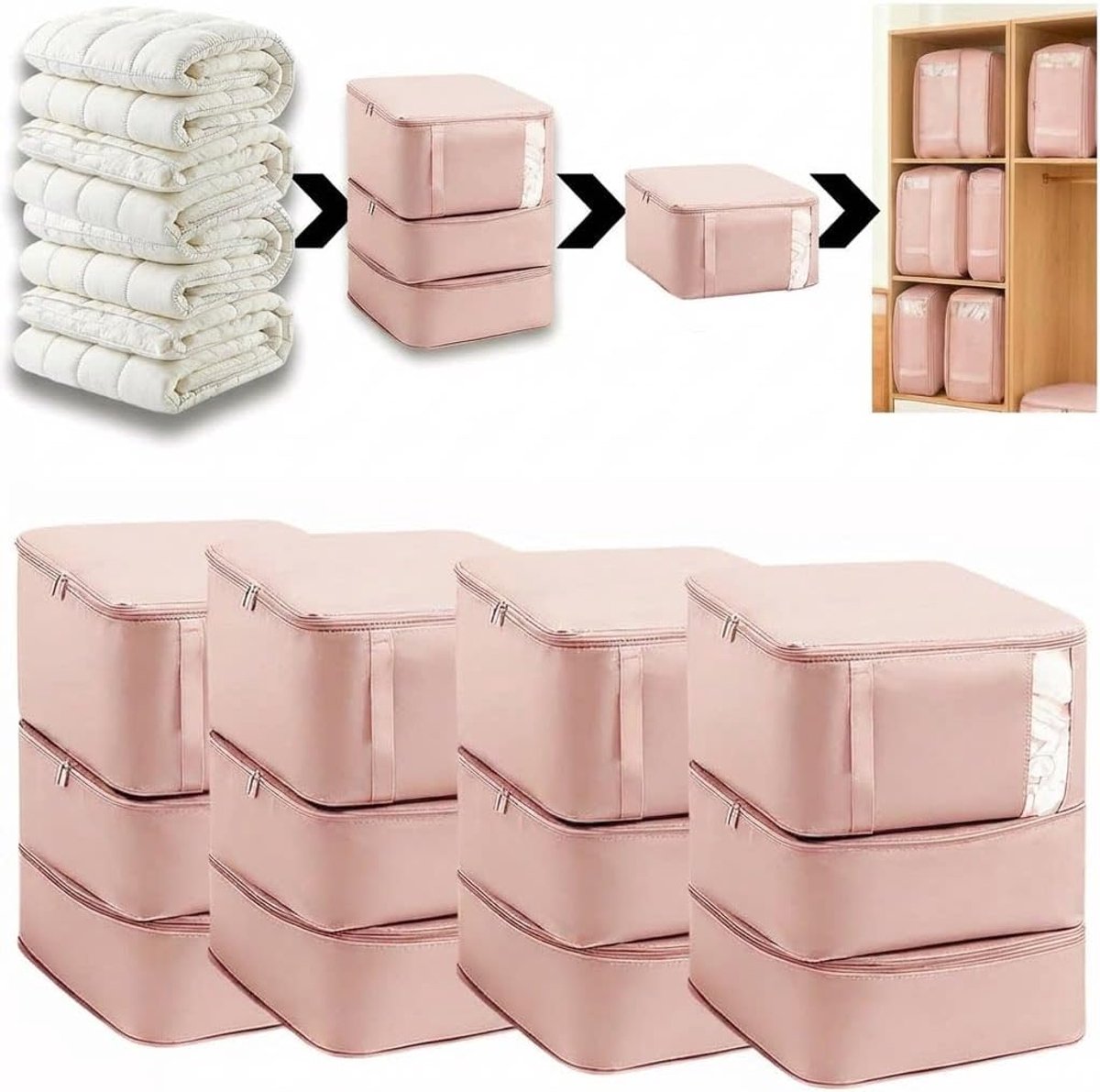 Cubes Compressie, 4 stuks opbergzakken met 3 lagen, 52 x 42 x 50 cm, ruimtebesparende compressie packing cubes, grote capaciteit, voor verhuistassen, dekbedden (abrikoos)