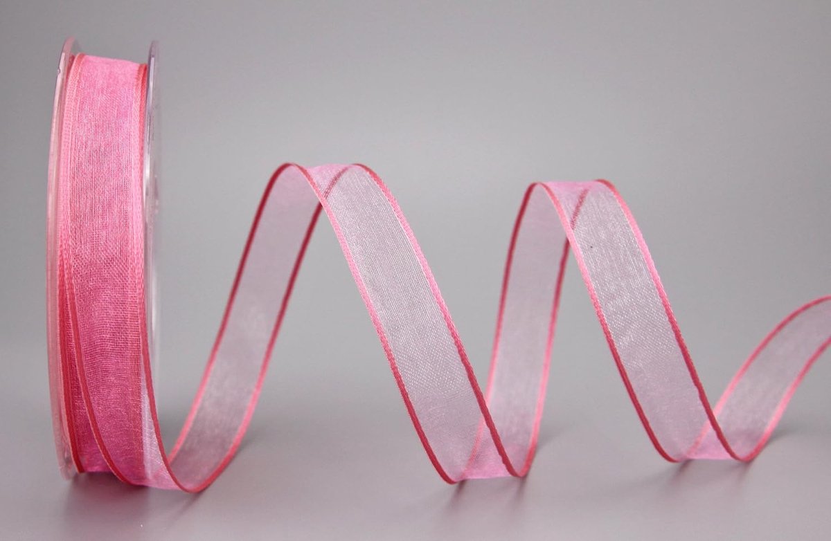 Decoratielint 20 m x 15 mm, roze, cadeaulint, lint, transparant organza met vormvaste randen, premium kwaliteit, bruiloft, verjaardag, chiffonlint, eenkleurig