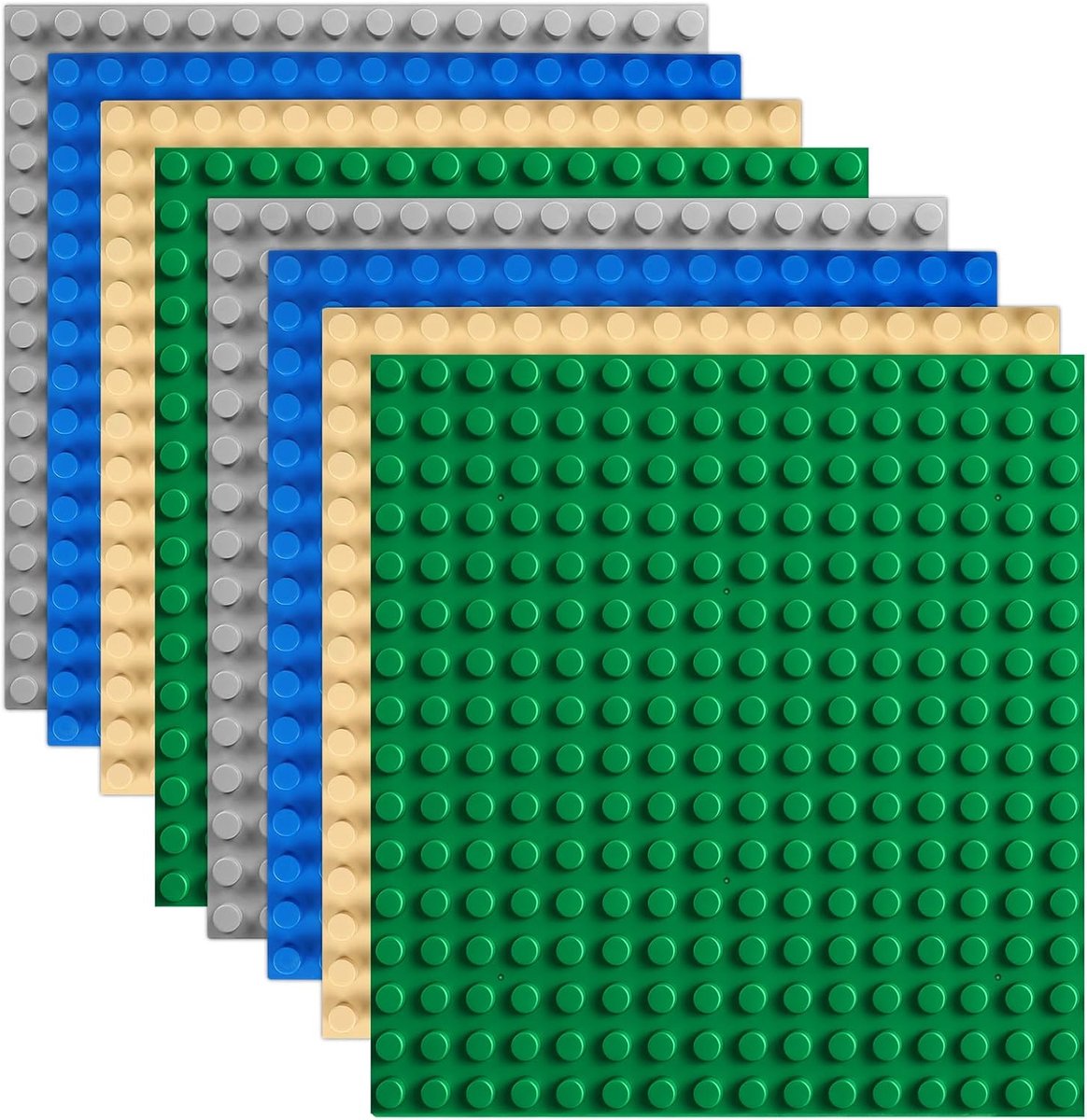 8 grote bouwplaten compatibel met Duplo, grondplaten, groen, blauw, grijs, abrikoos, 25,5 x 25,5 cm, bouwstenen, grondplaten met 16 × 16 noppen, plaat voor creatief kleuterspeelgoed
