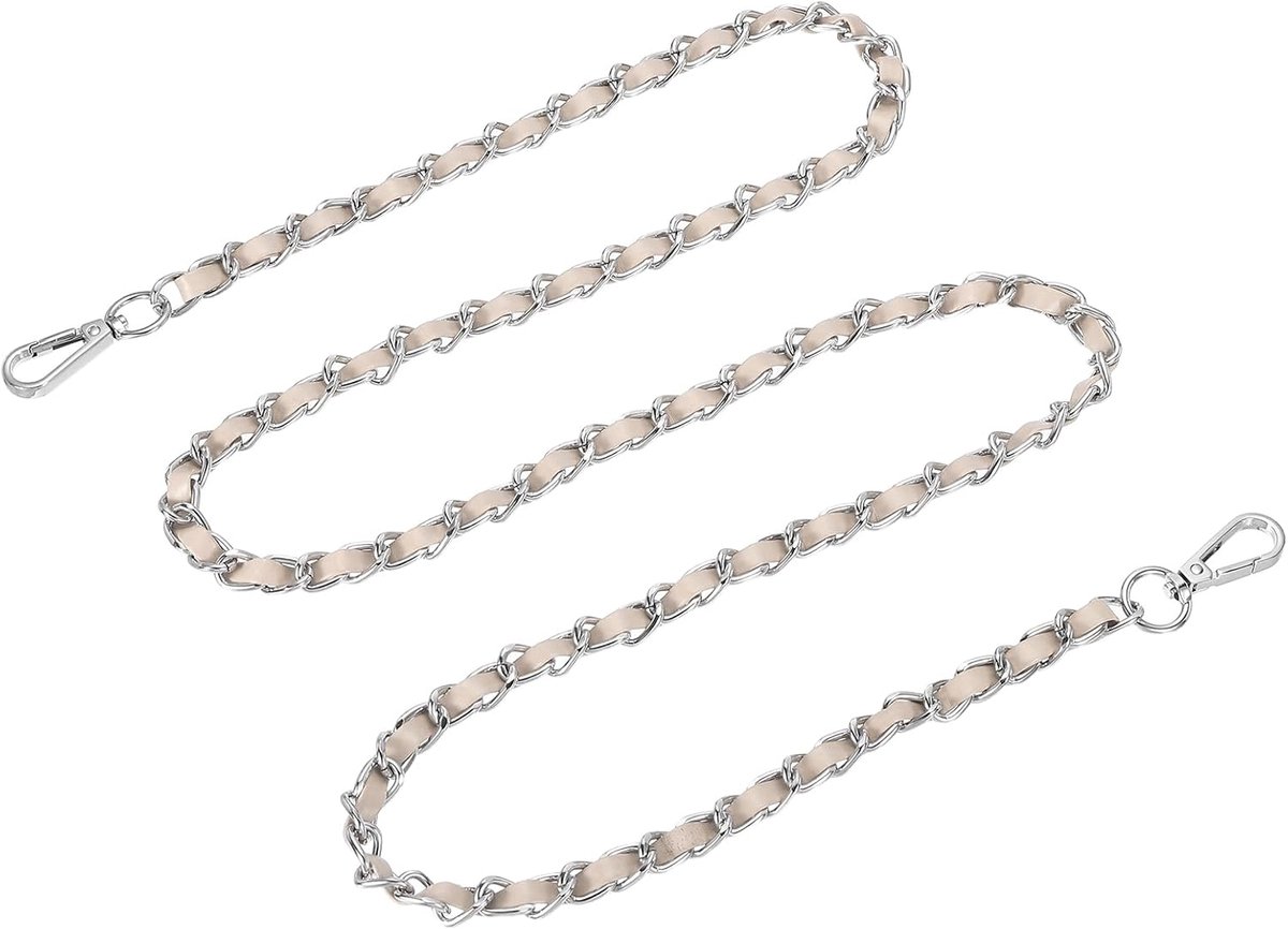 Zakketting, metalen ketting, draagriem, 140 cm, schouderriem, leer, ijzer, platte ketting, tasriem met gespen, riem voor schoudertas, crossbody tassen (beige riem + zilveren ketting)