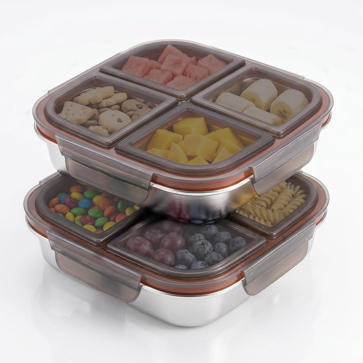 2 stuks snackbox met vakken, roestvrij staal, herbruikbare snackbox voor kinderen en volwassenen, maaltijdvoorbereidingscontainer, kinderen, lekvrije metalen bento-box met deksel voor school, werk en