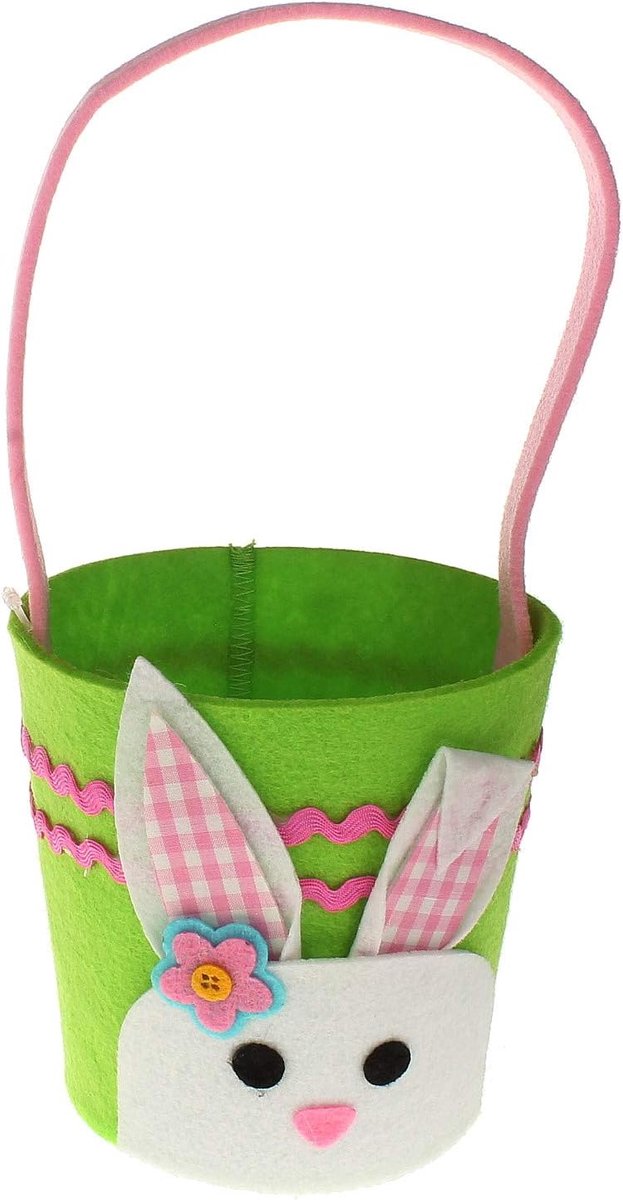 AS6928 Paasgeschenkmand, haas van vilt, roze en groen, vilten tas, paastas met hengseltas, paasmand