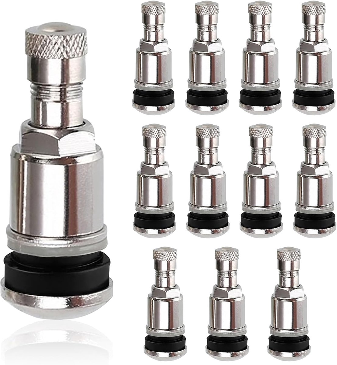 Autobandenventiel, 11,3 mm, 12 stuks, TR525 staal, universeel, metalen banden, ventiel voor auto, vrachtwagen, motorfiets, fiets (zilver)