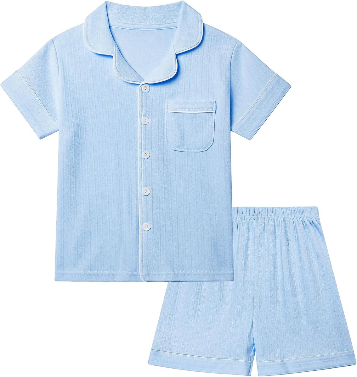 NANU Katoenen pyjama voor kinderen, korte mouwen (110-158 cm), 2-delig, knoopsluiting, ademende meisjespyjama voor nacht en vrije tijd, effen kleuren