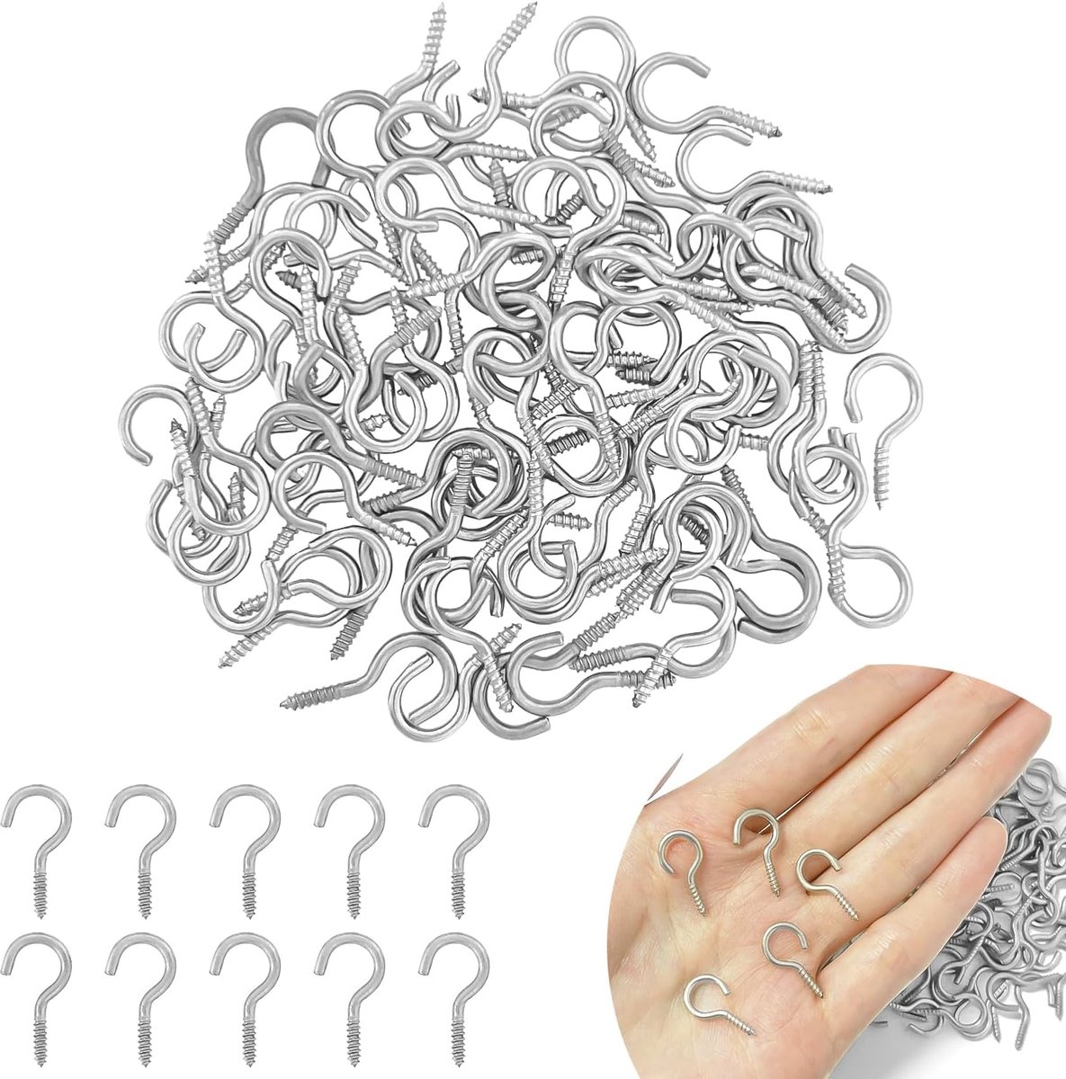 Haken, metalen zilveren schroefhaken, haken om planten en verlichting binnen en buiten op te hangen