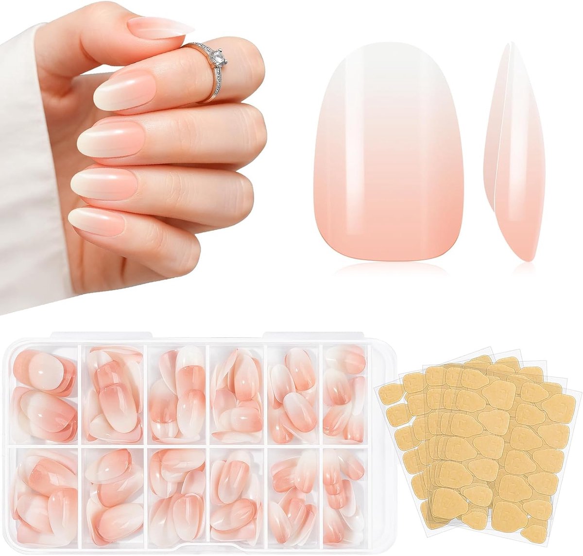 120 stuks Press On Nails, 12 maten Roze Gradient Herbruikbare Nagels om op te plakken Kunstmatige Vingernagels met Nagellijm Stickers voor Dames en Vrouwen