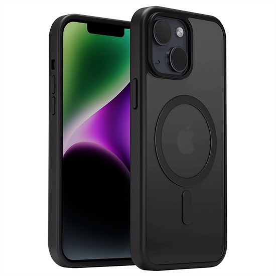 Zwart iPhone-hoesje met magnetische ring en een iPhone ernaast, op witte achtergrond.