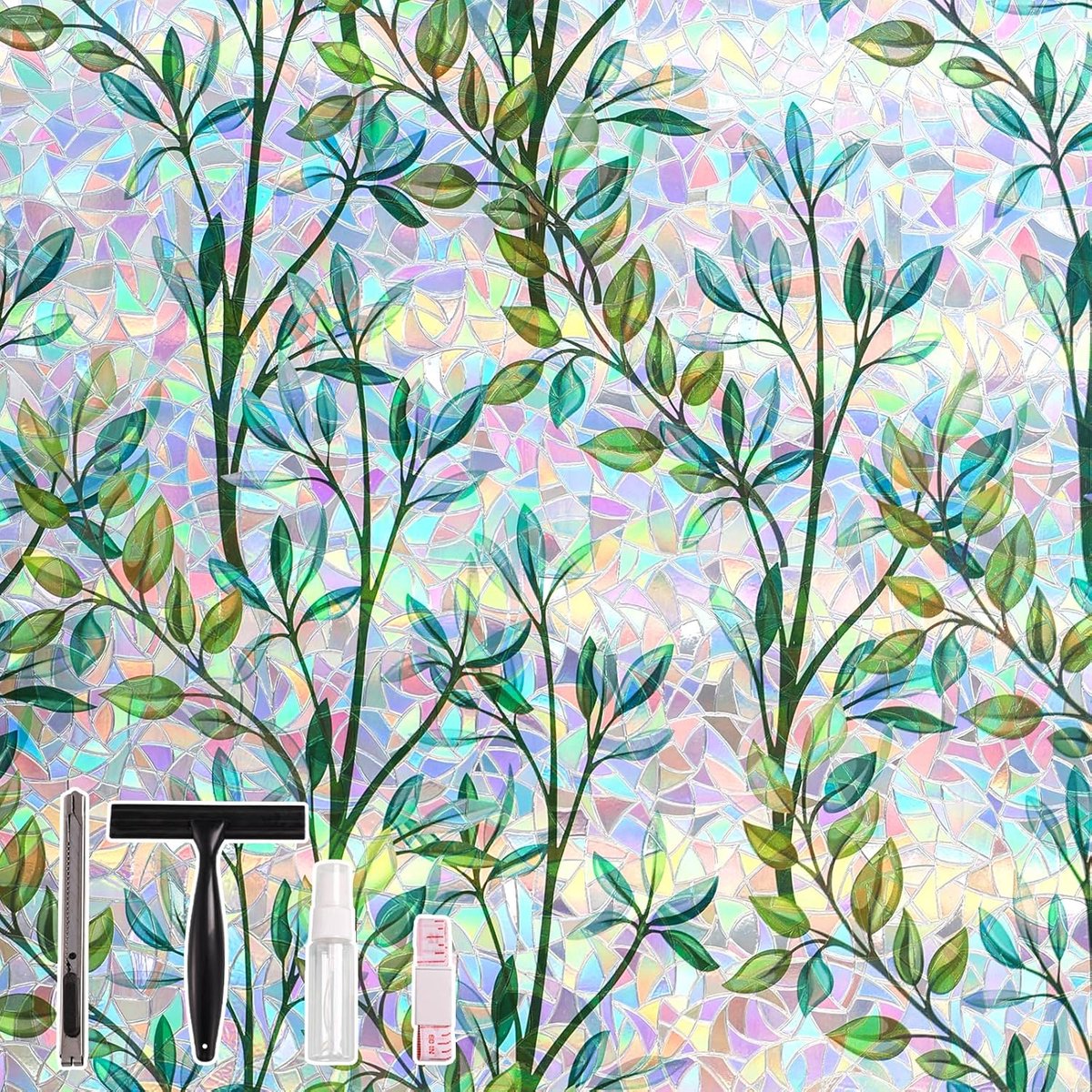 SnelShoppen - Window Film Anti Inzicht 3D Privacy Folie met Regenboogeffect, Decoratief Anti-UV Plakfolie, Groene Bladeren Patroon, 115 x 200 cm met G