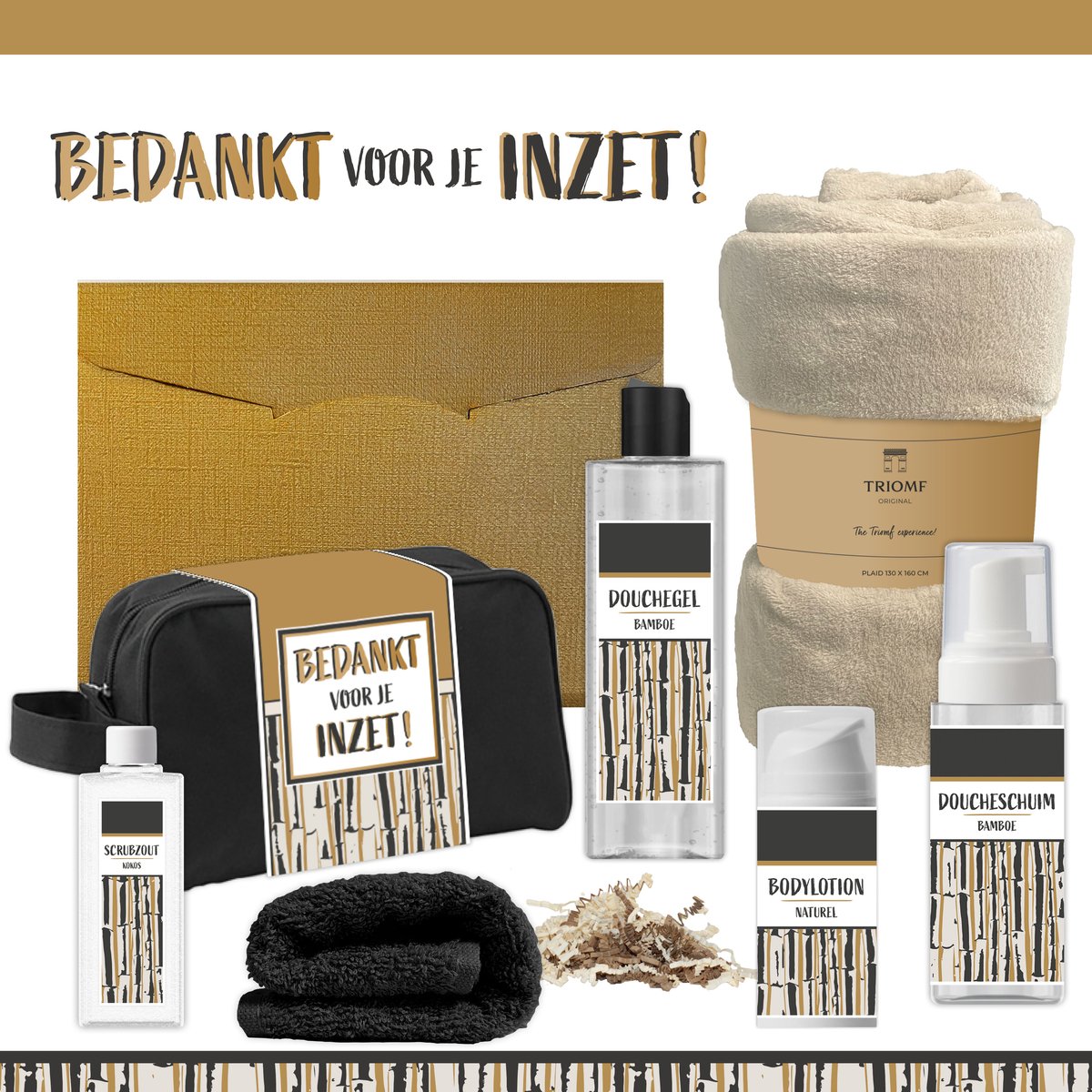 Geschenkset “Bedankt voor je inzet!” - 7 producten - 1390 gram | Giftset voor hem Vader Papa Cadeau Luxe Wellness Pakket Man Speciaal Cadeaupakket Doos Handdoeken Fleecedeken Geschenk Cadeaudoos Verjaardag Vaderdag Gift Set Douche Beige Goud