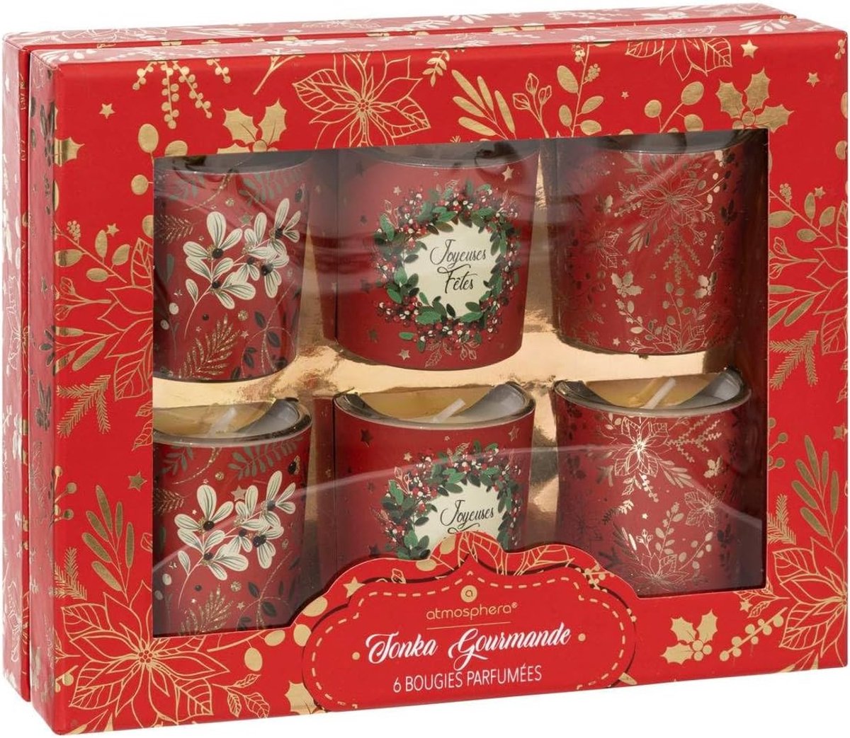 Feeric lights & Christmas Set van 6 geurkaarsen 40 g met rood glas