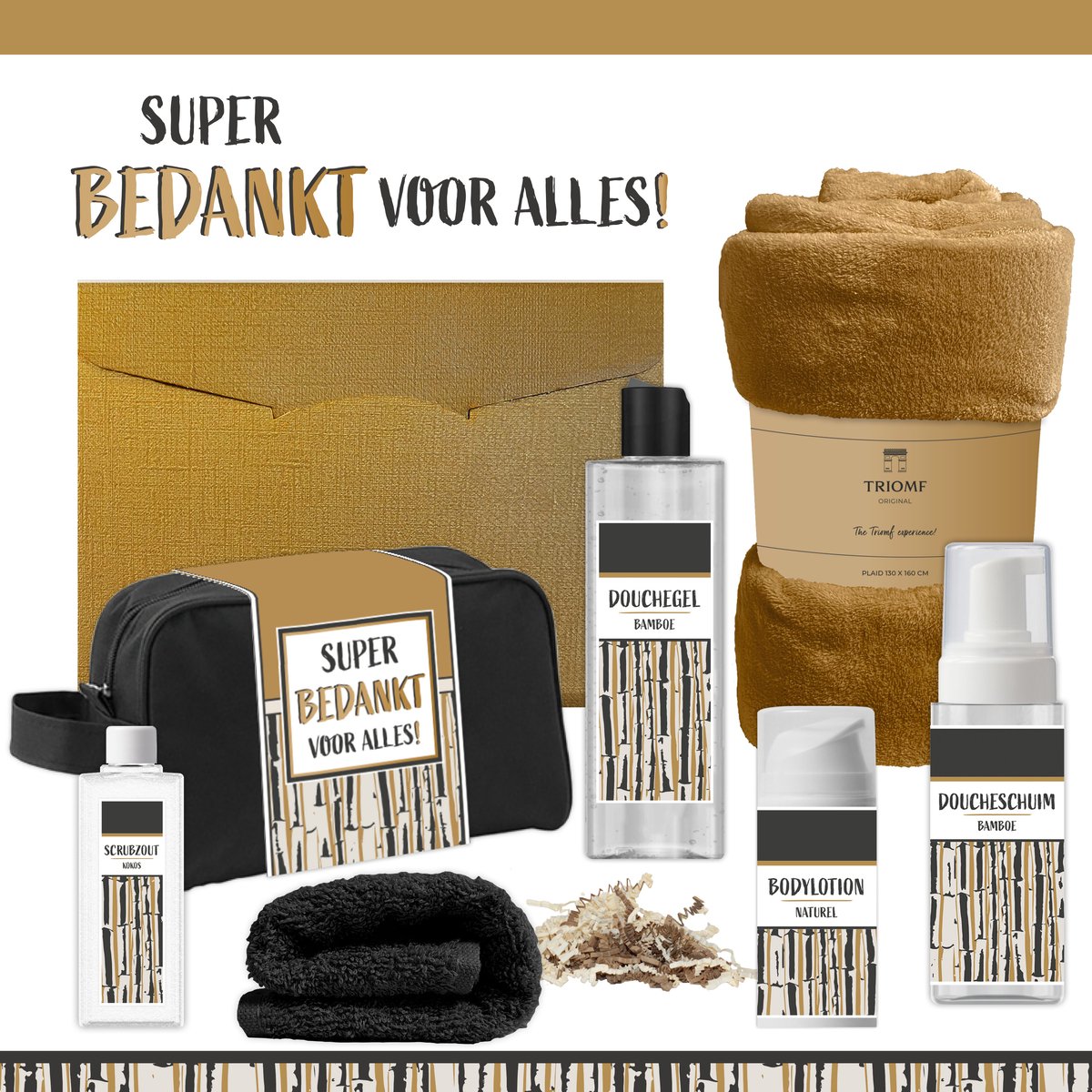 Geschenkset “Super bedankt voor alles!” - 7 producten - 1390 gram | Giftset voor hem Vader Papa Cadeau Luxe Wellness Pakket Man Speciaal Cadeaupakket Doos Handdoeken Fleecedeken Geschenk Cadeaudoos Verjaardag Vaderdag Gift Set Douche Goud Goud