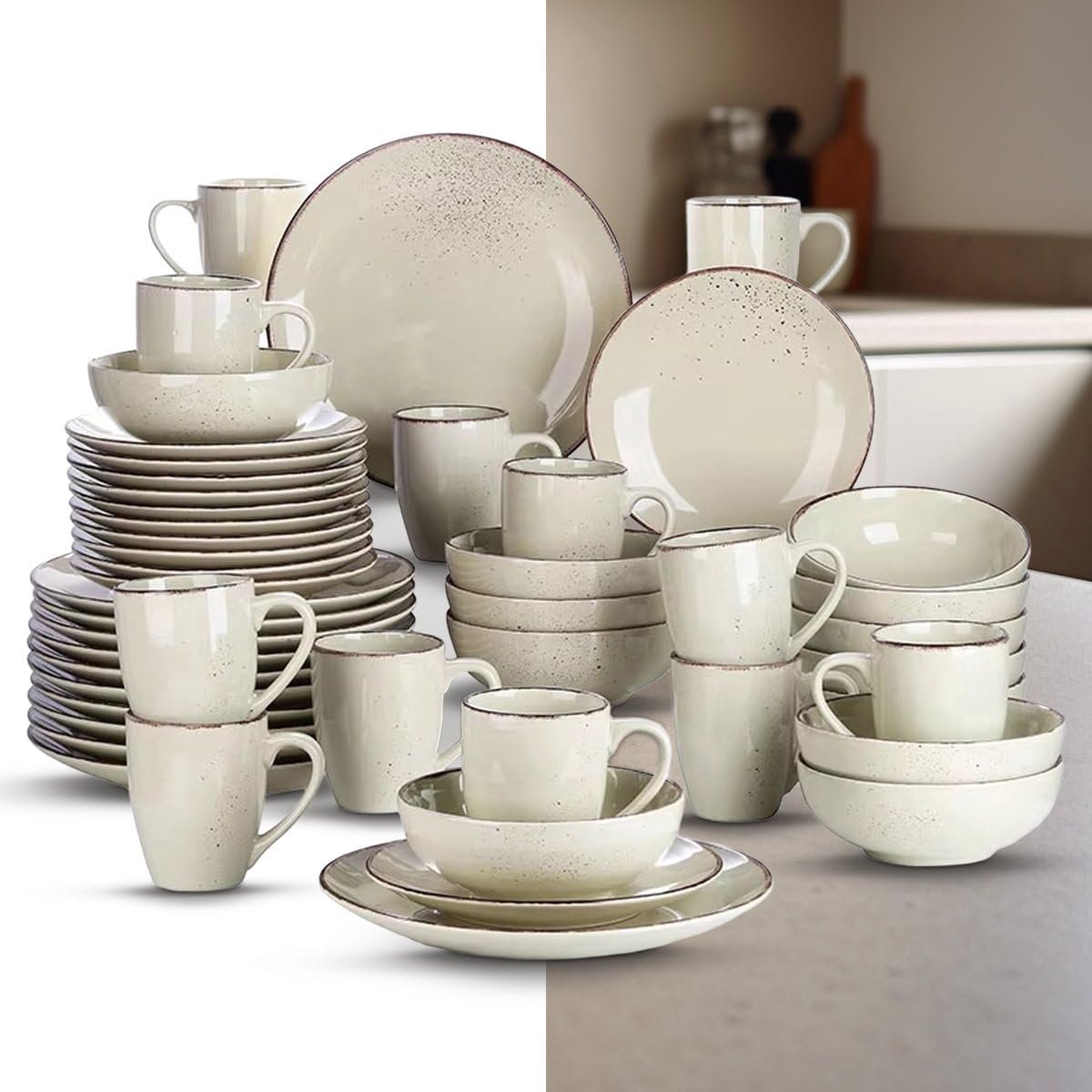 Serviesset – 48 delig – 12 persoons – Keramisch - Bordenset – Dinner platen – Dessertborden - Mokken - Kommen - Beige