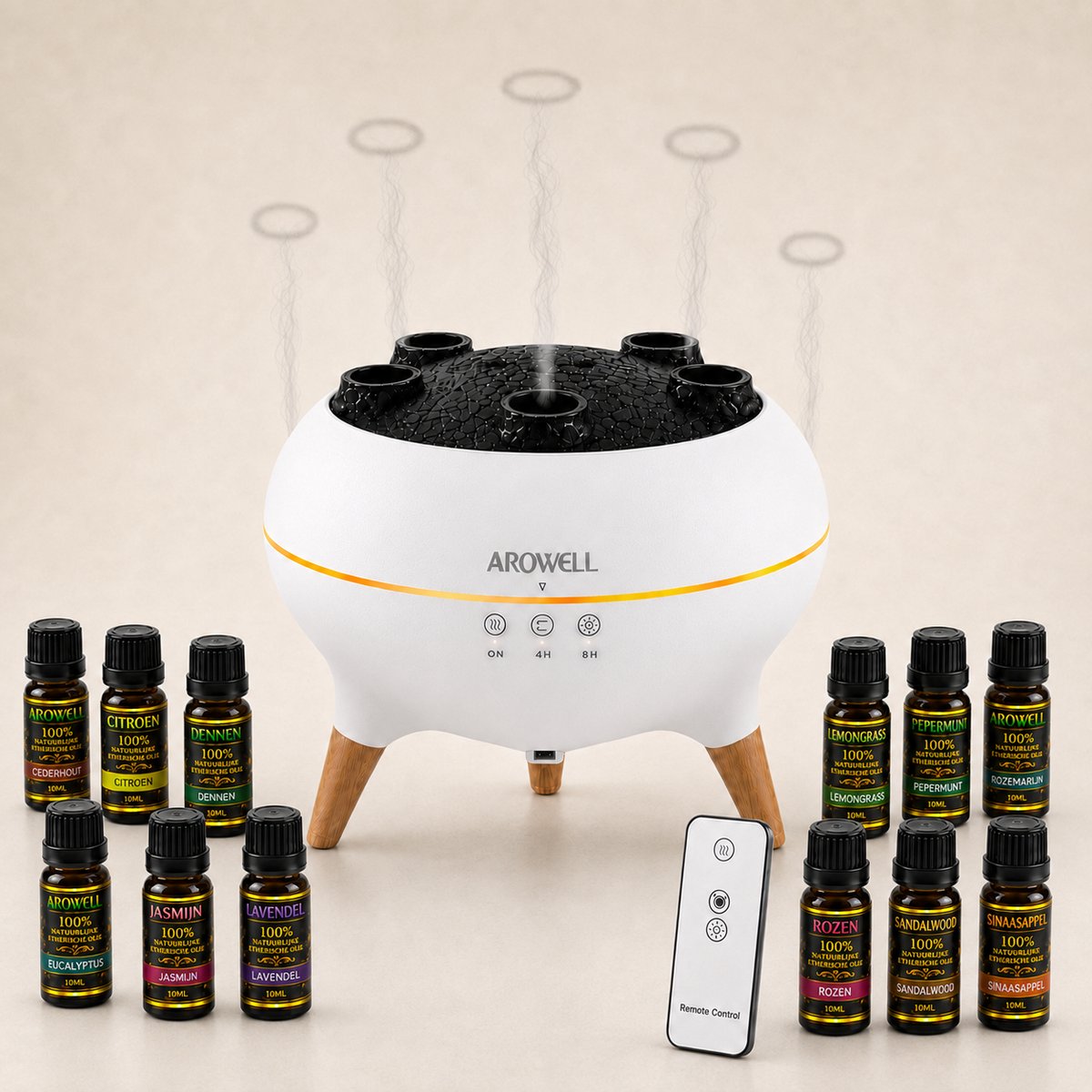 Arowell Jellyfish Aroma Diffuser met 12 Etherische Oliën – Luchtbevochtiger met Vlameffect, Afstandsbediening, 7 Kleuren en Timer – 250 ml