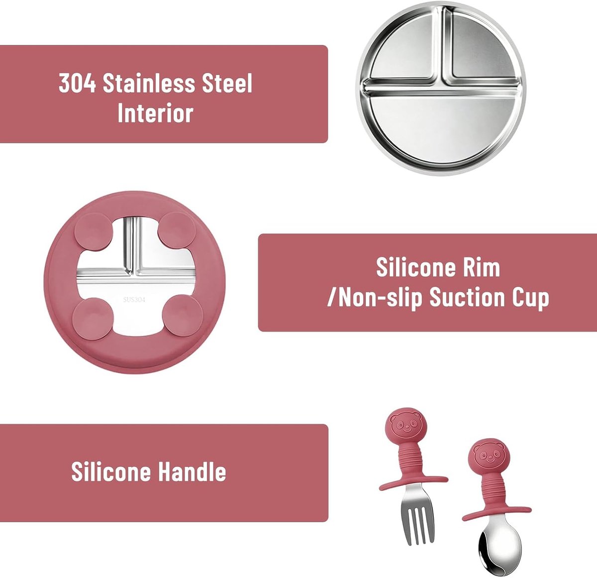 4p Inox Bord Kom Zuignap Silicone | antislip zuignap stabiel; gescheiden vakken; ergonomische handvatten; geschikt voor zelfstandig eten voor baby's